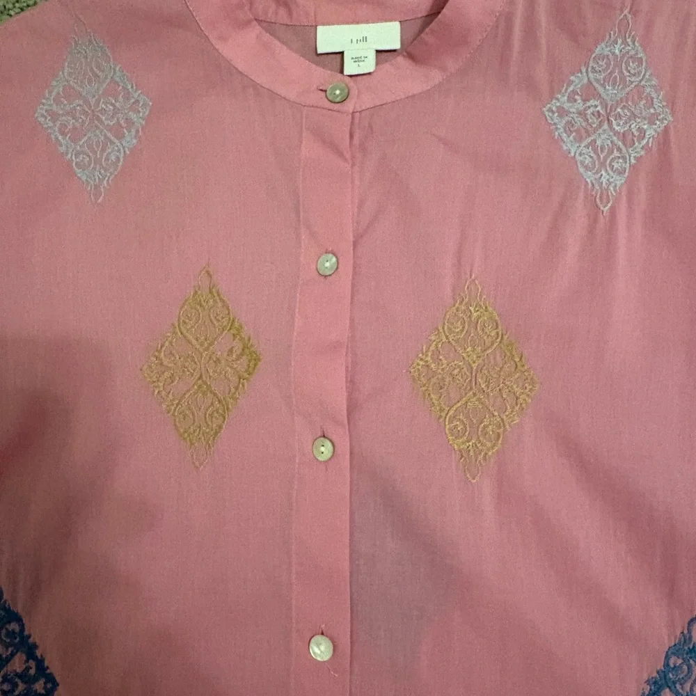 SALE J. Jill Pink Embroidered Tunic ✨ Button Front Boho Diamond Detail Size L - Picture 6 of 9